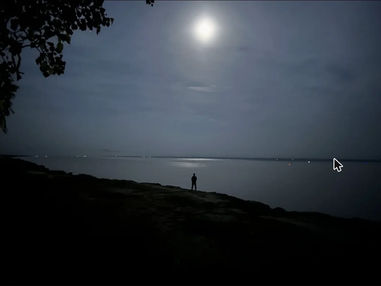 Silhouette on a riverbank at night, standing under a full moon